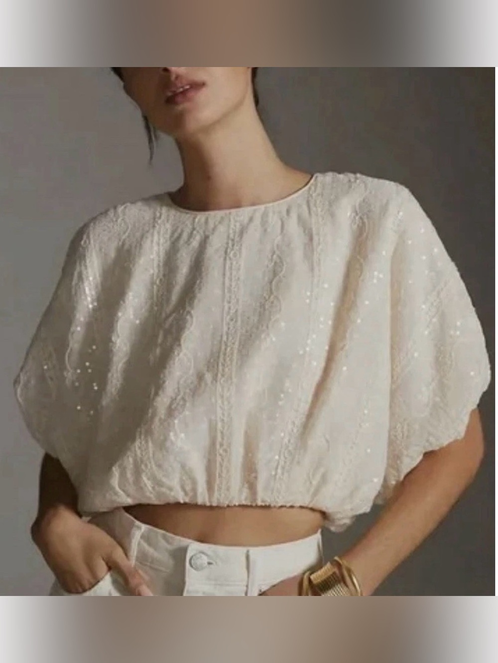 ENDLESS‎ ROSE Large Ivory Cream Puff Sleeve Sequin Lace Crop Top Elegant Party